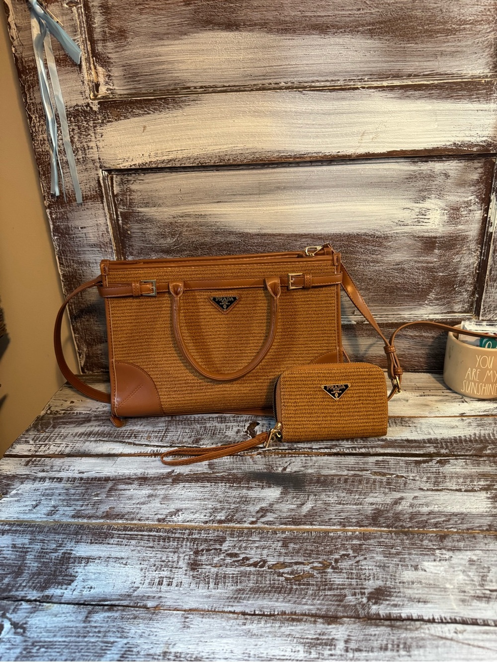 Practical Woven Tote and Wristlet Set - Tan
